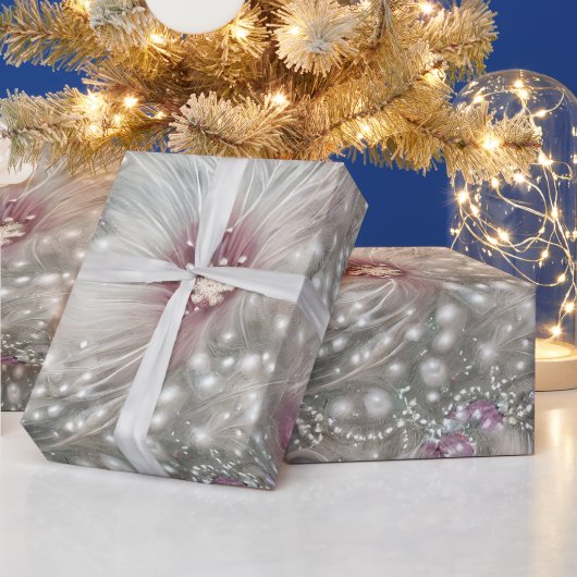 シルバーエレガント&レッドビーズパールクリスマスフローラ ラッピングペーパー (クリスマス)