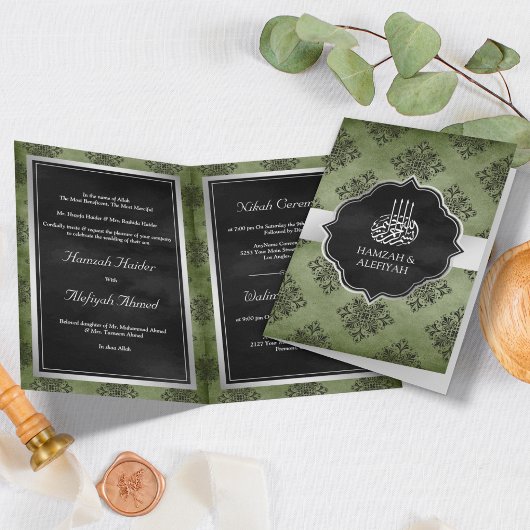 シルバーオリーブグリーンブラックダマスムスリム結婚ズ 招待状