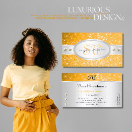 シルバーオレンジグリッタースパークルダイヤモンドイニシャル 名刺