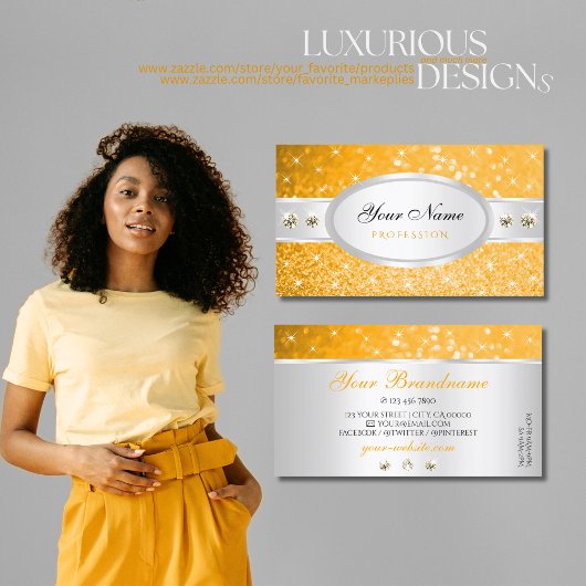 シルバーオレンジグリッタースパークルダイヤモンドスタイリッシュ 名刺