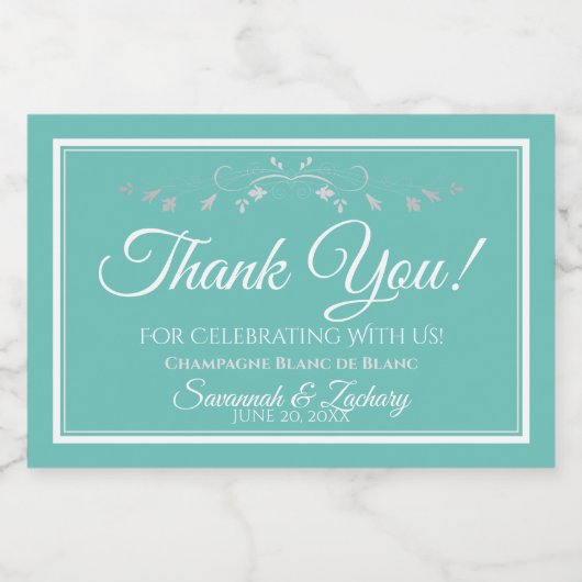 シルバーオンアクアティール（緑がかった色）結婚ズサンキューミニボトル スパークリングワインラベル (シングルラベル)