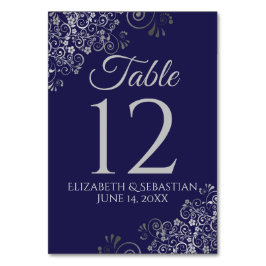 シルバーオンネイビーエレガントブルーフィ結婚リグリー テーブルナンバー