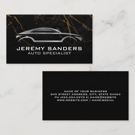 シルバーオートロゴ | 黒い大理石背景 名刺 (正面/裏面)