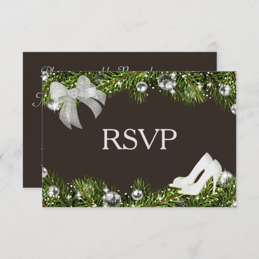 シルバーオーナメントとクリスマスウェディングRSVP 出欠カード (正面/裏面)