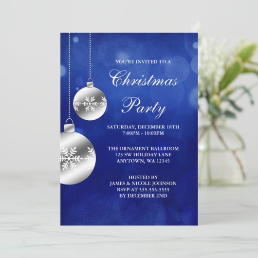 シルバーオーナメントブルー《写真》ぼけ味クリスマスパーティー 招待状 (スタンド正面)