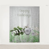 シルバーオーナメントホワイトリボンのクリスマスの背景 タペストリー (正面)