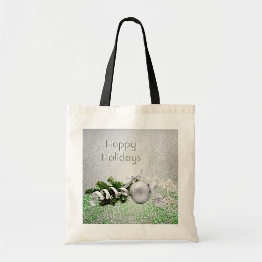 シルバーオーナメントホワイトリボンクリスマストートバッグ トートバッグ (正面)