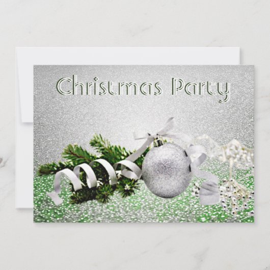 シルバーオーナメントホワイトリボンクリスマスパーティー 招待状 (正面)