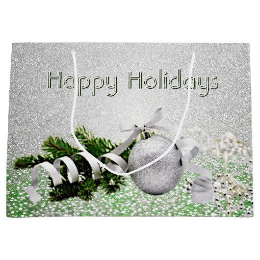 シルバーオーナメントホワイトリボンクリスマス抱き枕 ラージペーパーバッグ (正面)