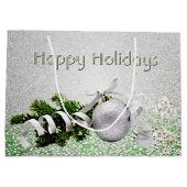 シルバーオーナメントホワイトリボンクリスマス抱き枕 ラージペーパーバッグ (裏面)