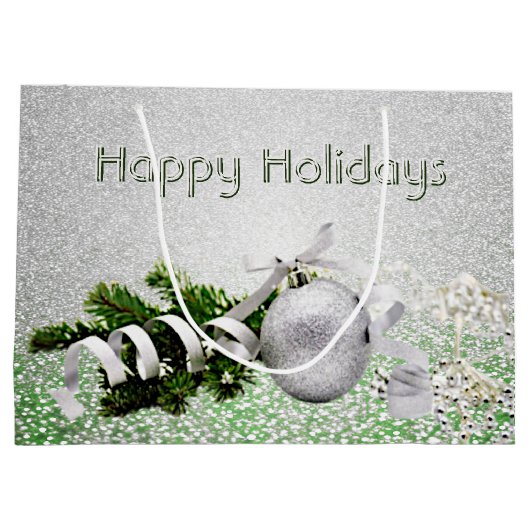 シルバーオーナメントホワイトリボンクリスマス抱き枕 ラージペーパーバッグ (裏面)