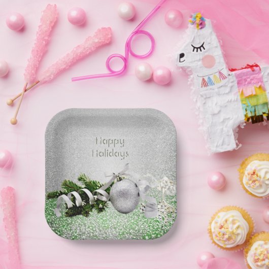 シルバーオーナメントホワイトリボンクリスマス紙プレート ペーパープレート (パーティー)