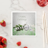 シルバーオーナメントホワイトリボンクリスマス紙 スタンダードカクテルナプキン (インサイチュ)