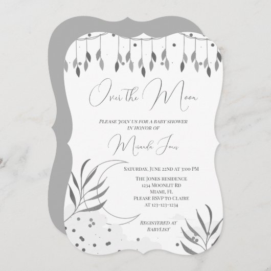 シルバーオーバーザムーンベビーモダンシャワー招待状 (正面/裏面)
