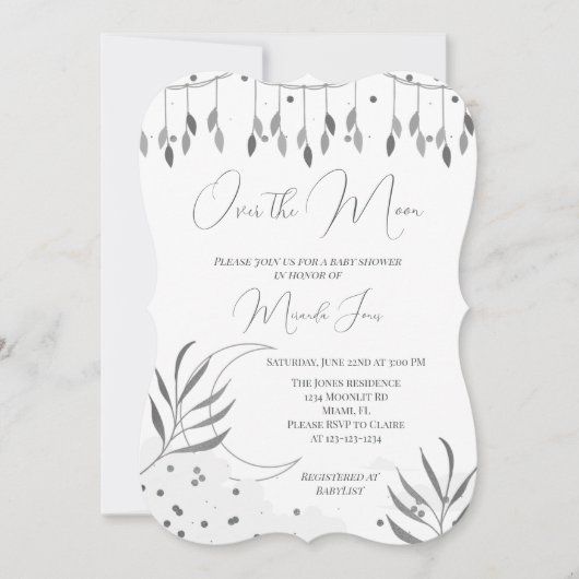 シルバーオーバーザムーンベビーモダンシャワー招待状 (正面)