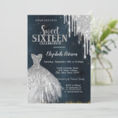 シルバーカッコいいグリッタードリップスドレスダークブルー甘い16 招待状 (スタンド正面)