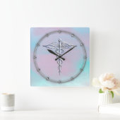 シルバーカドゥセウス医療シンボルマザーパールデコール スクエア壁時計 (ホーム)