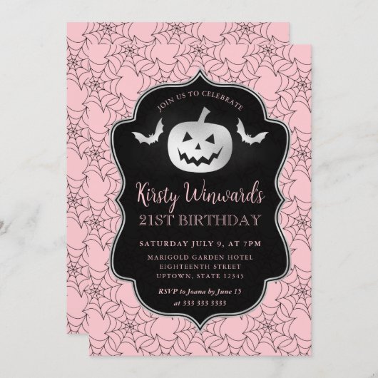 シルバーカボチャとピンクのクモの巣21歳の誕生日 招待状 (正面/裏面)