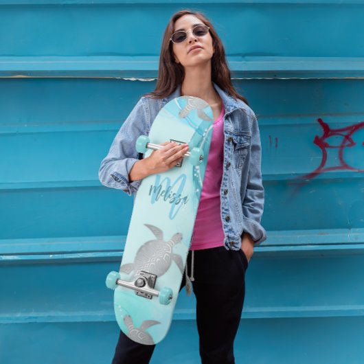 シルバーカメ青い大理石モノグラムあなたの名前 スケートボード