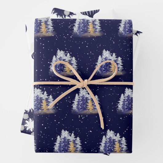 シルバーカラーとブルーウォーターの木とオーナメント ラッピングペーパーシート (インサイチュ)