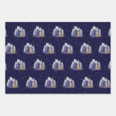 シルバーカラーとブルーウォーターの木とオーナメント ラッピングペーパーシート (正面)