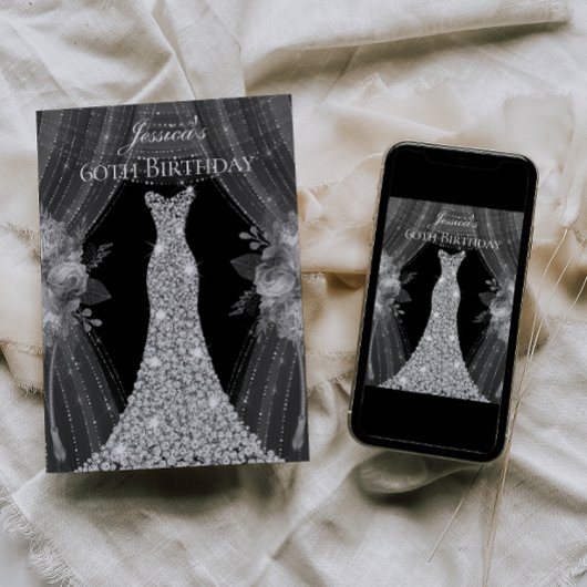 シルバーカーテンドレス女性60thバースデーパーティー 招待状