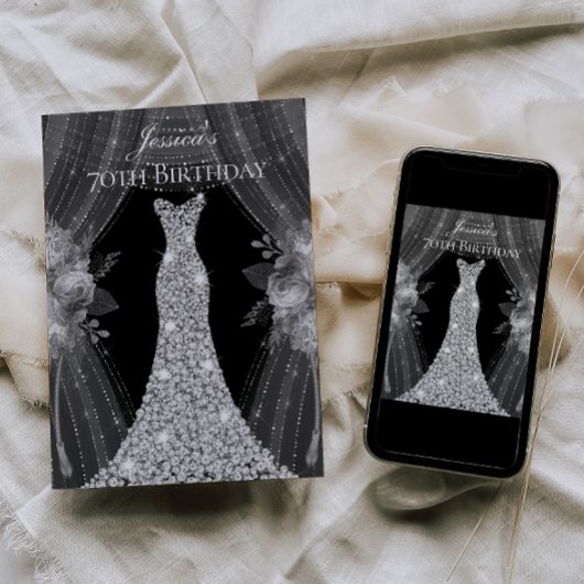 シルバーカーテンドレス女性70thバースデーパーティー 招待状