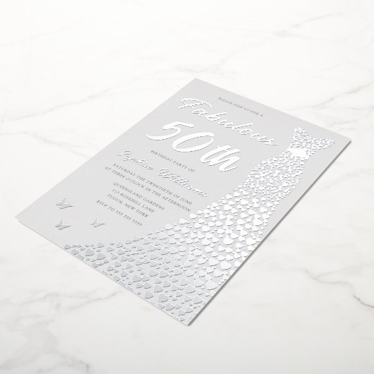 シルバーガウン、素晴らしい50th誕生日パーティー 箔招待状 (回転した状態)
