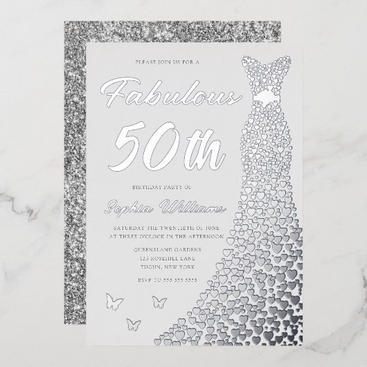 シルバーガウン、素晴らしい50th誕生日パーティー 箔招待状 (正面/裏面)
