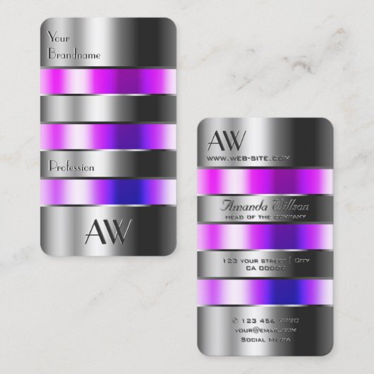 シルバーガラスはピンクの紫色の流体をイニシャルで見る 名刺 (正面/裏面)