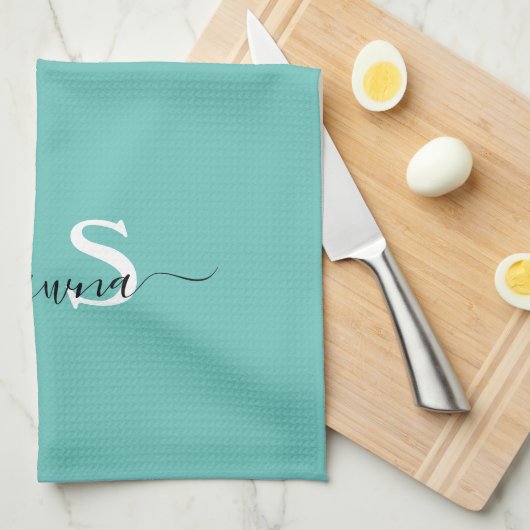 シルバーガーリーとティール(緑がかった色)モノグラムアクアスパークル キッチンタオル (四つ折り)