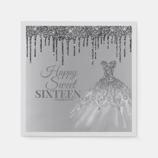 シルバーガーリーグラムグリッタードリップススイーツ16誕生日 スタンダードカクテルナプキン (正面)
