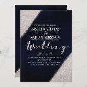 シルバーガーリーグリッターネイビーブルーウォーター結婚カラー 招待状 (正面/裏面)