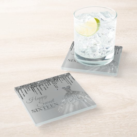 シルバーガーリースウィート16誕生日ボールガウンドリップ ガラスコースター (アングル)