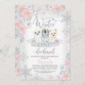 シルバーガールアニマルズウィンターオンダーランド誕生日 招待状 (正面/裏面)