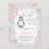 シルバーガールペンギンウィンターオネダーランド誕生日 招待状 (正面/裏面)
