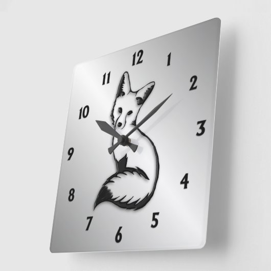 シルバーキツネブラックナンバーズ スクエア壁時計 (傾斜)