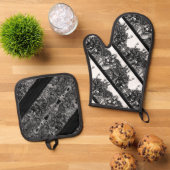 シルバーキルテッドヒート保護オーブンミット&ポットホー 鍋つかみ&鍋敷きセット (トップダウン)