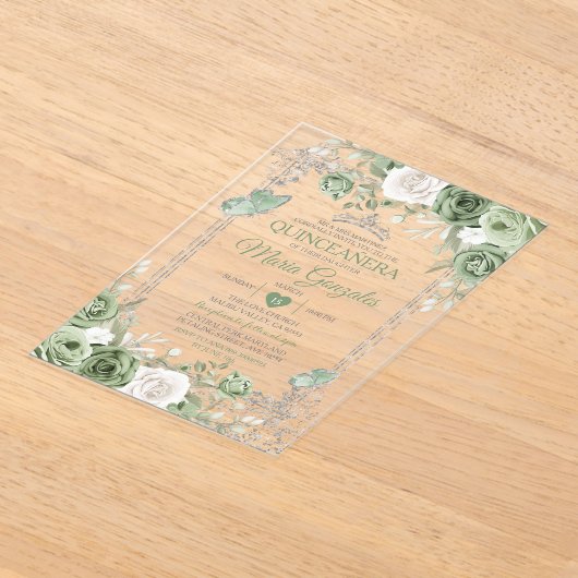 シルバーキンセアニラセージグリーンクラウンバタフライ アクリル招待状 (レイダウン)