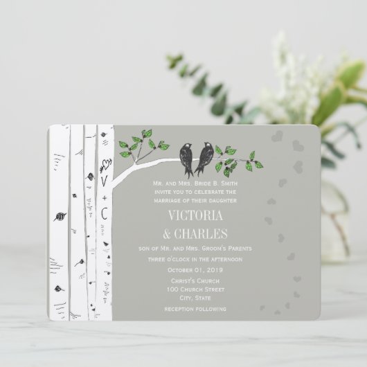 シルバークラウド樺の木ヴィンテージ鳥の結婚式の招待 招待状 (スタンド正面)