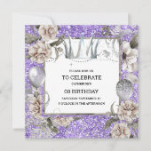 シルバークラウンシャビーシックなフローラグリッター紫 招待状 (正面)