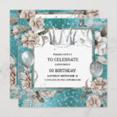 シルバークラウンシャビーシックフローラグリッターターコイズ 招待状 (正面/裏面)