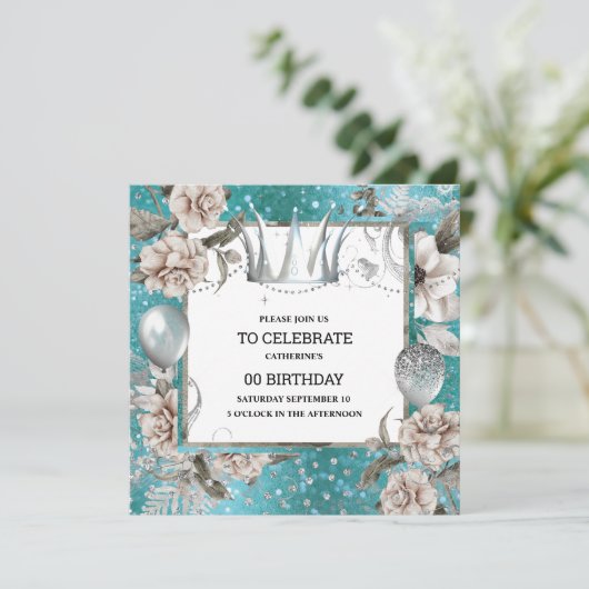 シルバークラウンシャビーシックフローラグリッターターコイズ 招待状 (スタンド正面)
