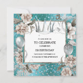 シルバークラウンシャビーシックフローラグリッターターコイズ 招待状 (正面)