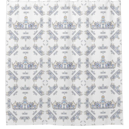 シルバークラウンハートダイヤモンド真珠パターンホワイト シャワーカーテン (正面)