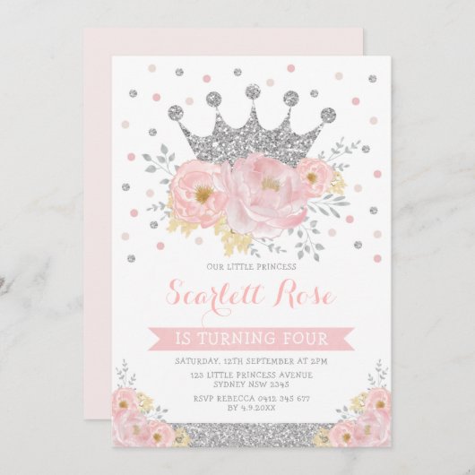 シルバークラウンプリンセス赤面ピンクフローラ誕生日 招待状 (正面/裏面)