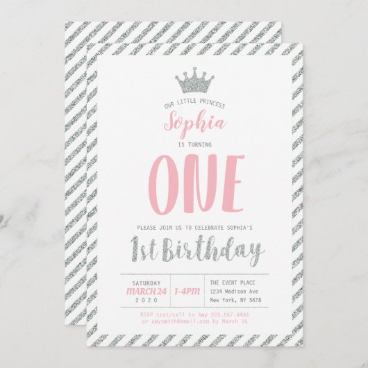 シルバークラウンプリンセス1st誕生日招待状 招待状 (正面/裏面)