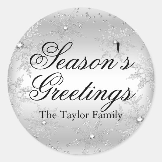 シルバークリスタルスノーフレーククリスマスステッカー ラウンドシール (正面)