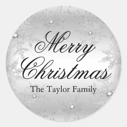 シルバークリスタルスノーフレーククリスマスステッカー ラウンドシール (正面)