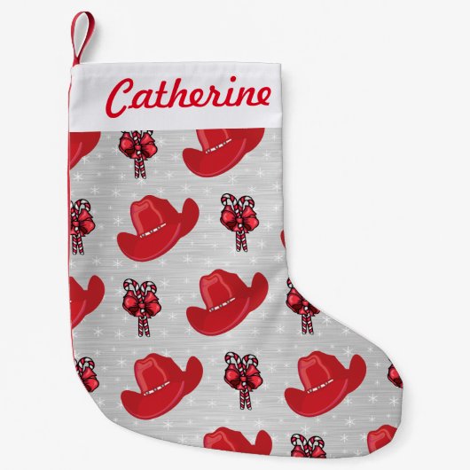 シルバークリスマスにカウボーイハットとキャンディカン スモールクリスマスストッキング (正面)